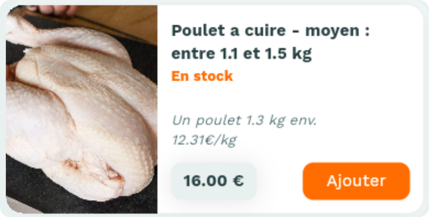 Fiche produit Casamiam : Poulet à cuire - moyen : entre 1.1 et 1.5 kg