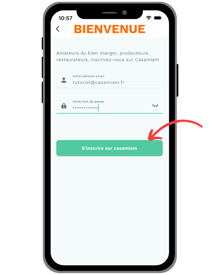 Je rentre une adresse mail et un mot de passe pour mon compte Casamiam
