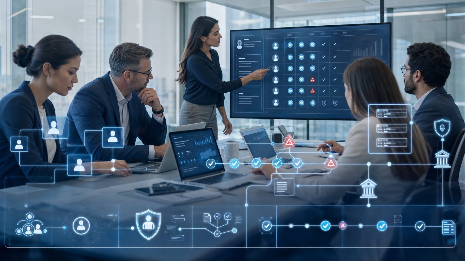 Equipe de auditoria, compliance e segurança analisando segregação de funções e governança de acessos