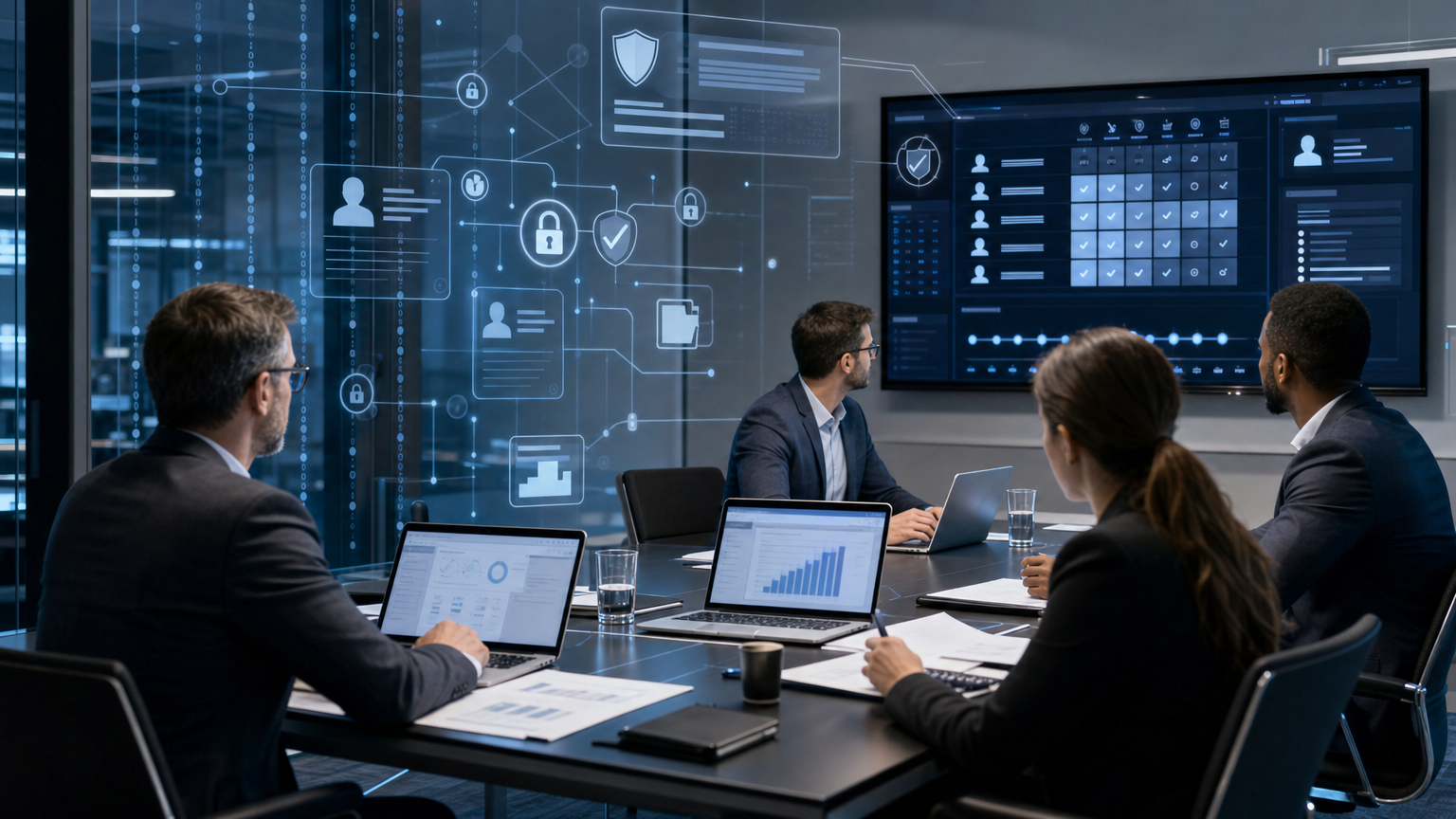 Equipe de auditoria e segurança analisando controles de acesso em sistemas corporativos