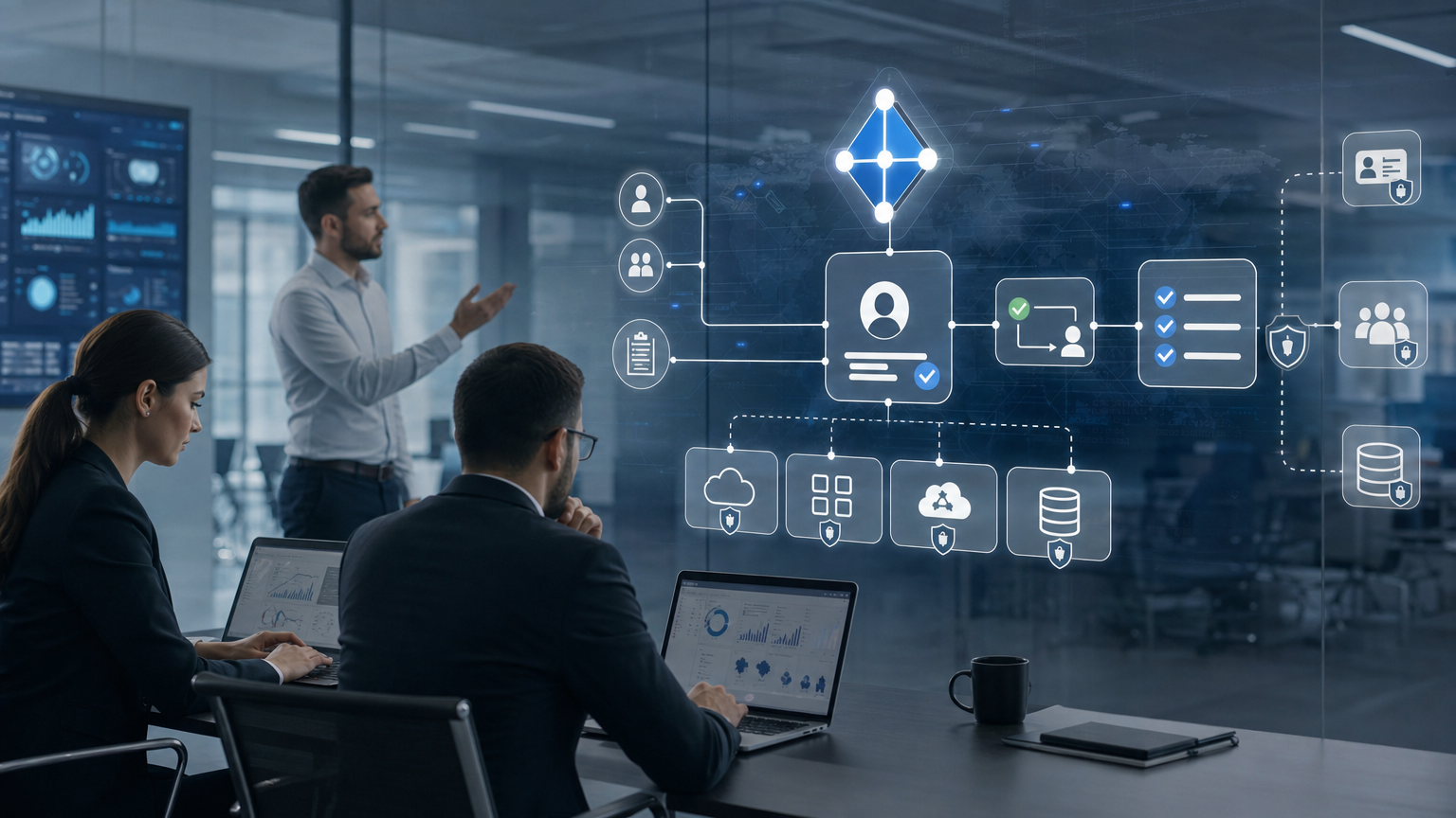 Equipe de segurança analisando integração entre Microsoft Entra ID e governança de acessos IGA