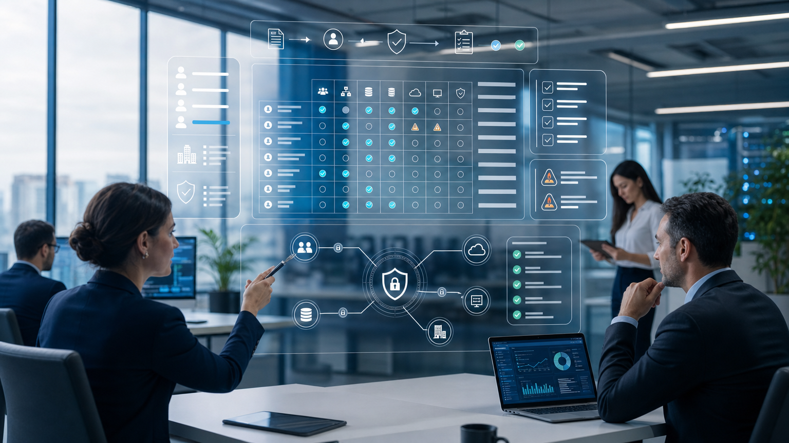 Profissionais de segurança e compliance analisando matriz de acesso e governança de permissões em ambiente corporativo