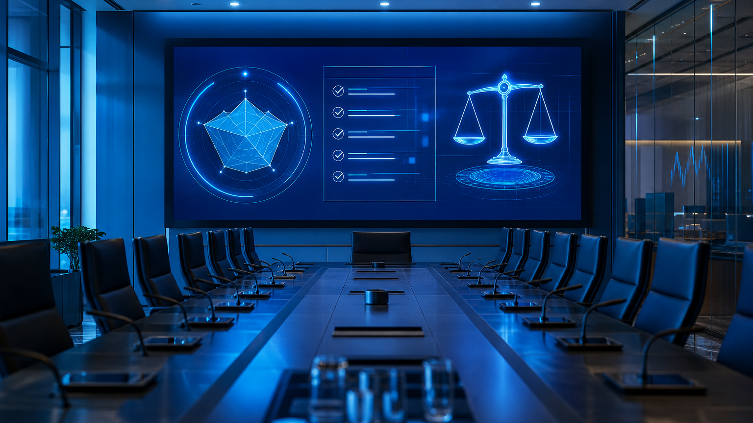 Sala de reunião corporativa com painel holográfico azul de governança, riscos e conformidade
