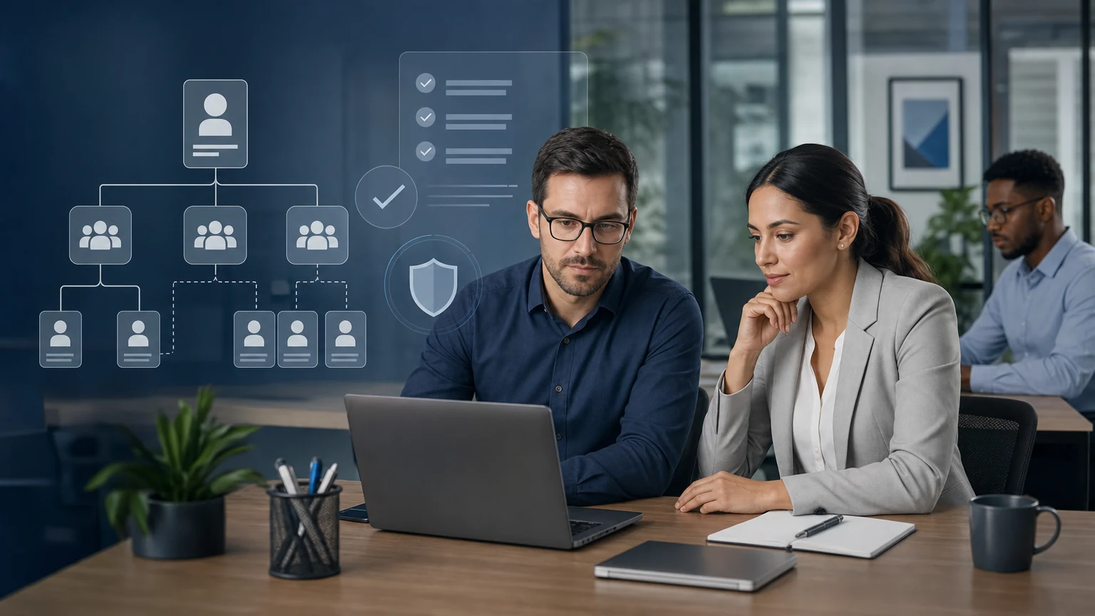 Dois profissionais diante de um notebook em escritório, com um colega ao fundo e sobreposições translúcidas de perfis conectados, grupos de pessoas, marcas de verificação e um escudo à esquerda.