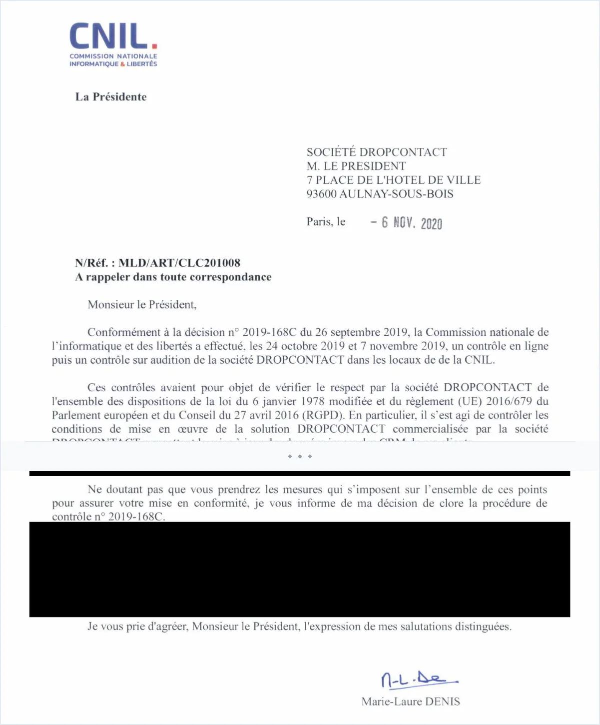 Official CNIL closure letter addressed to Dropcontact, dated November 6, 2020, signed by President Marie-Laure Denis — closing investigation no. 2019-168C with no sanction