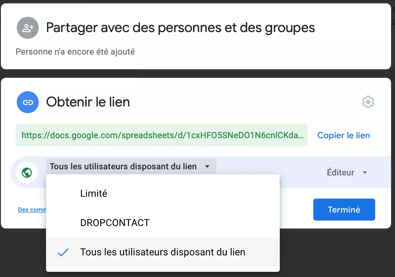 Activer le partage et la modification de son Google Sheet aux personnes disposant du lien