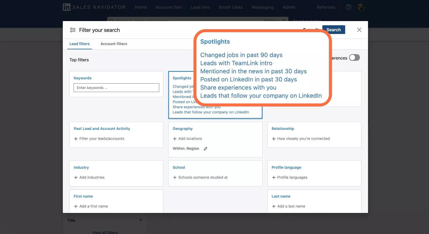 Recherche Spotlight dans LinkedIn Sales Navigator
