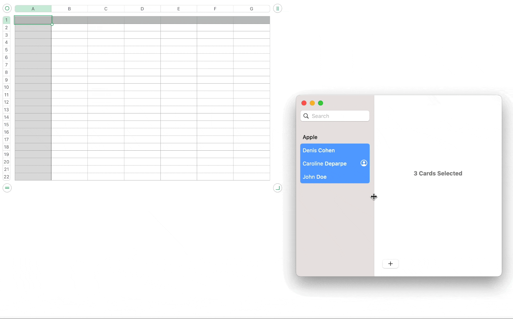 Animation showing how to drag and drop Mac Contacts into Numbers to export as CSV