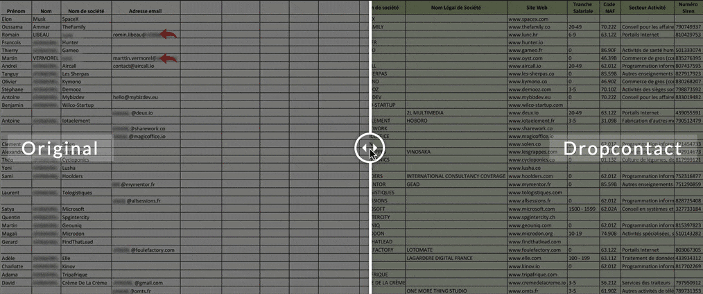 Animation showing a LinkedIn contacts file being processed and enriched in Dropcontact
