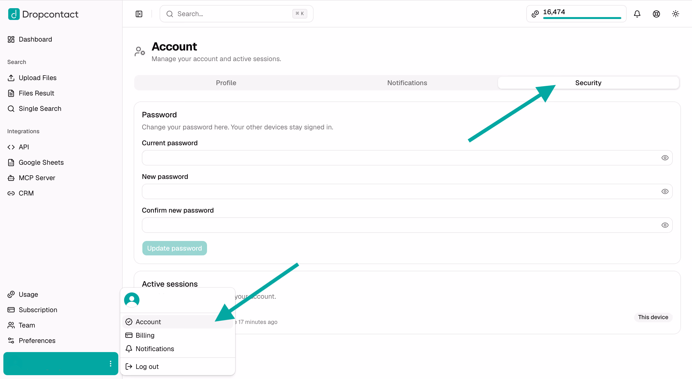 Change your password from Account > Security