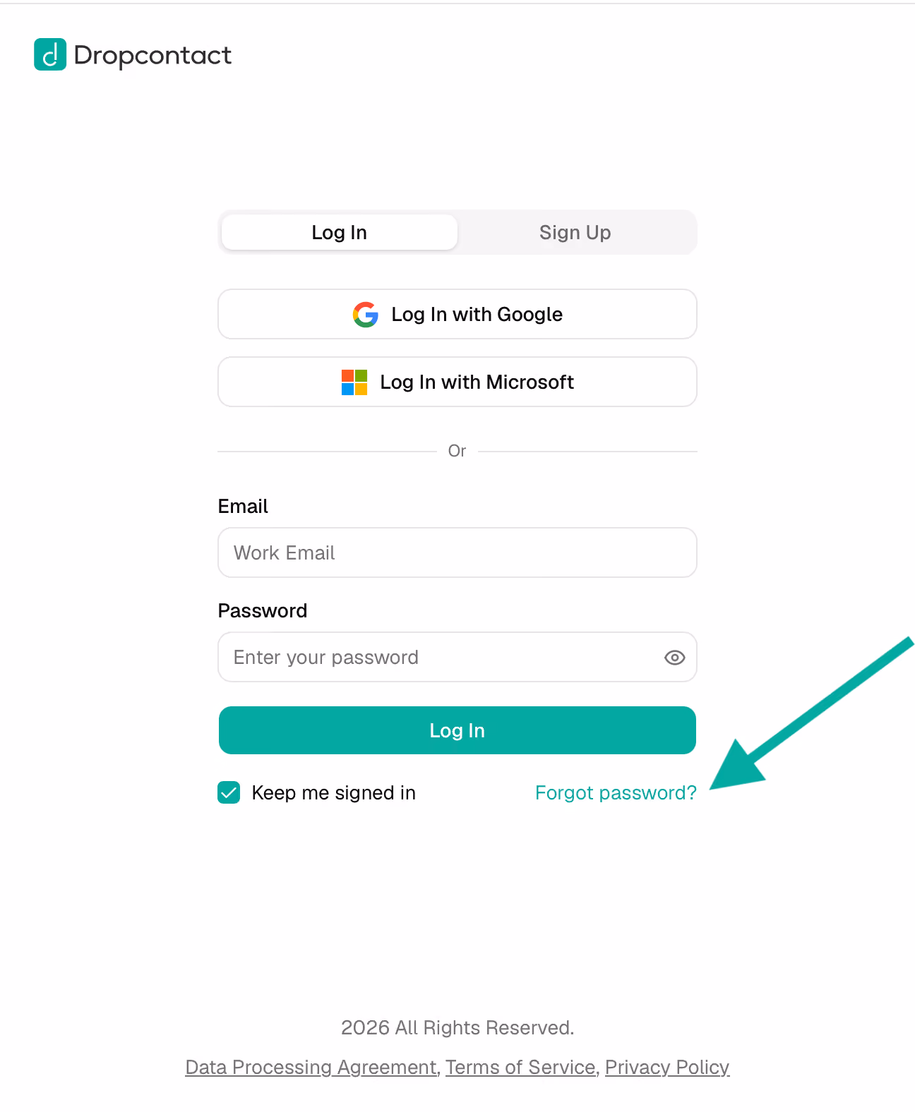 Dropcontact login page with the Forgot your password link