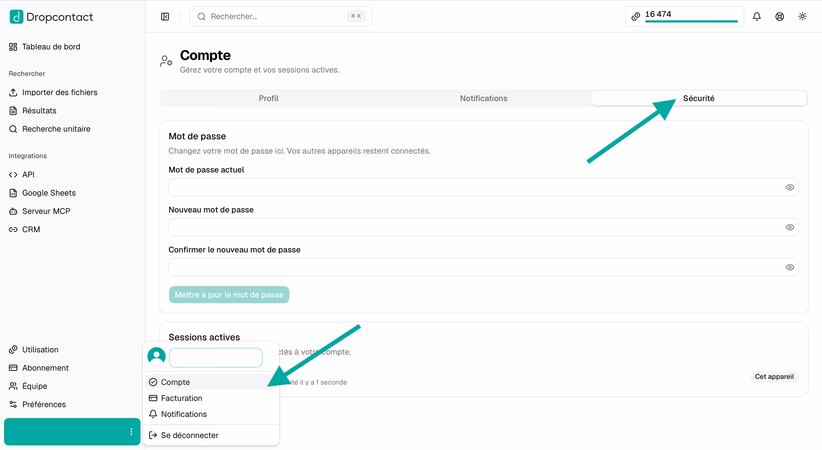 Modifier votre mot de passe depuis Compte > Sécurité