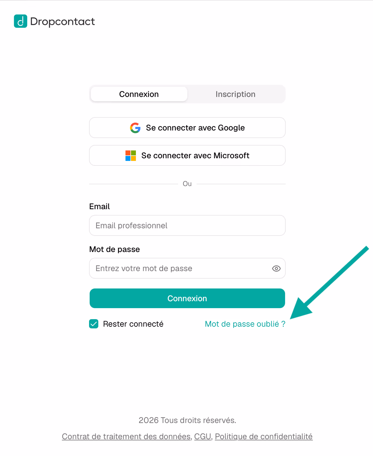 Page de connexion Dropcontact avec le lien Mot de passe oublié