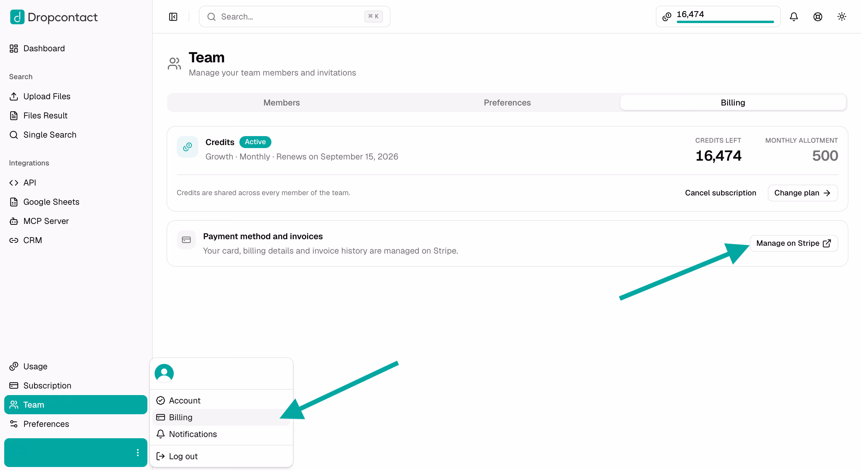 Team Billing tab with the Manage on Stripe button