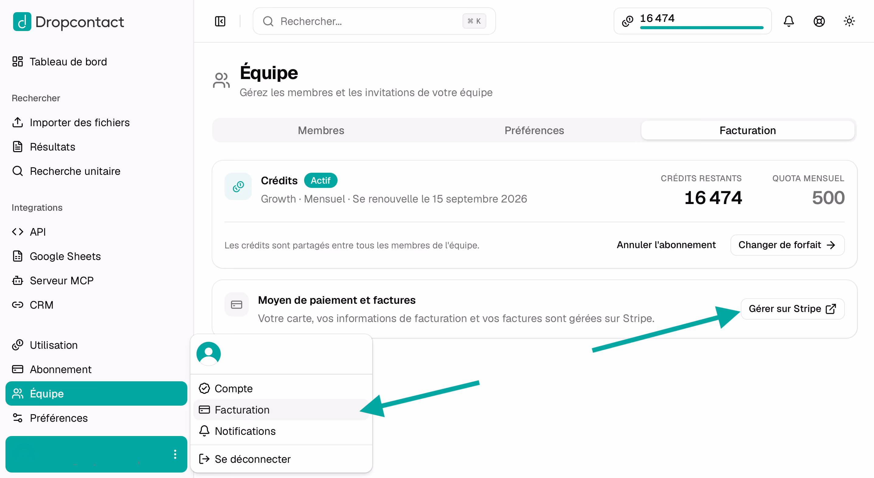 Onglet Facturation de l'équipe avec le bouton Gérer sur Stripe