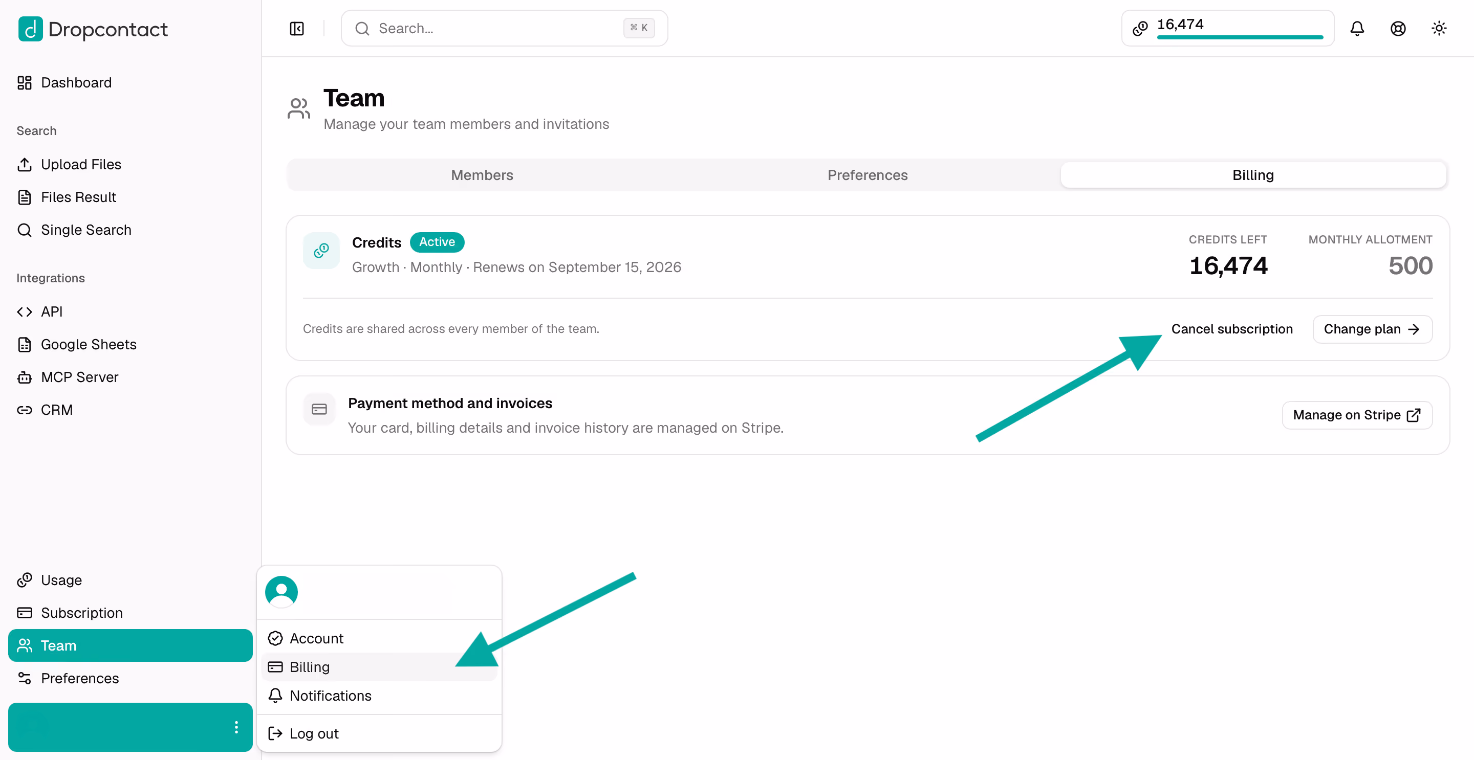 Team Billing tab with the Cancel subscription option