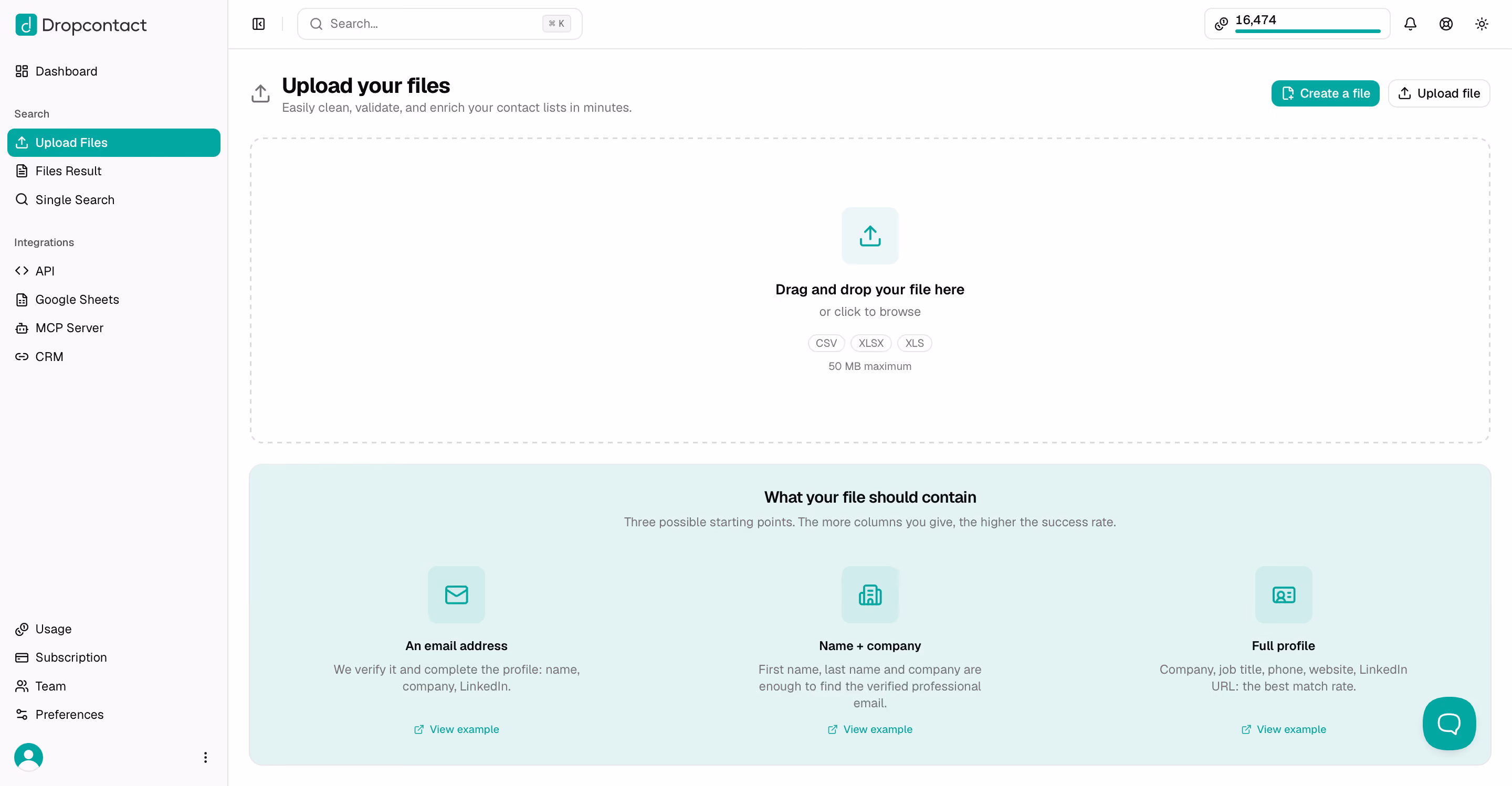 Upload Files section to import your contact file