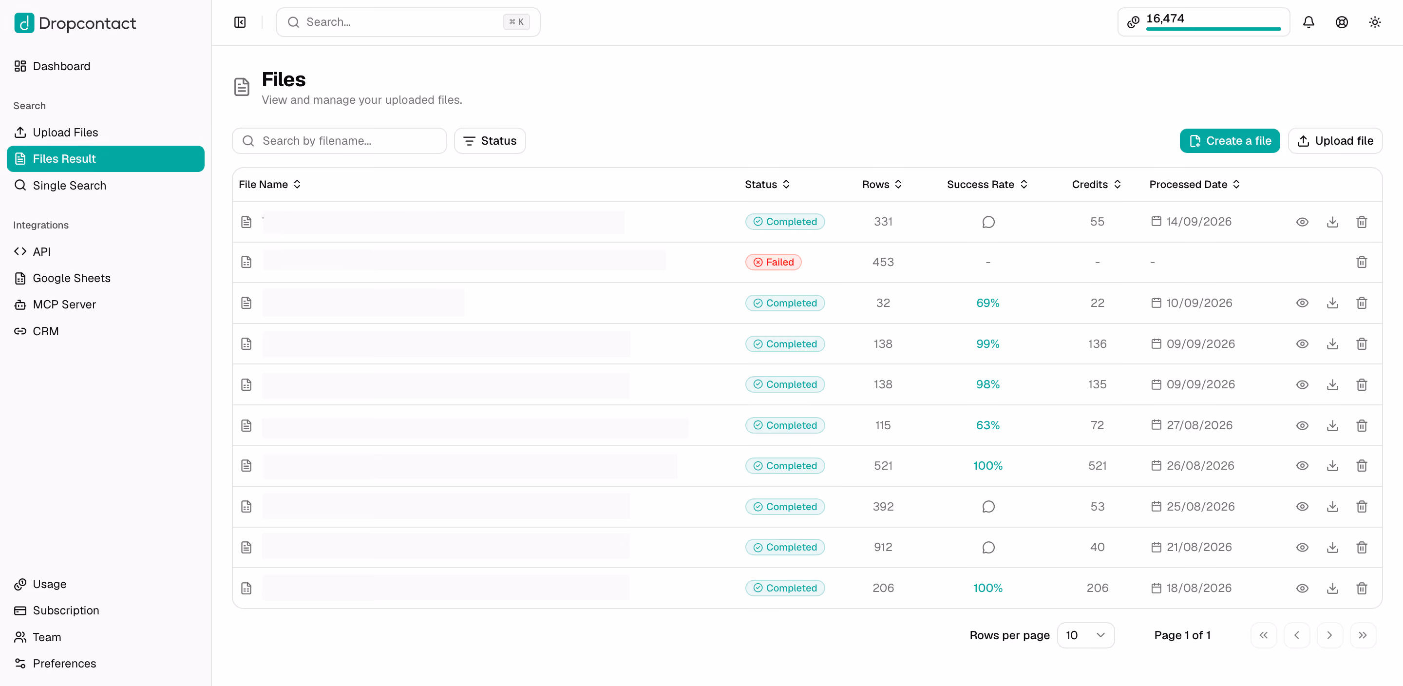 Results section showing row count, success rate, credits used, and the download icon