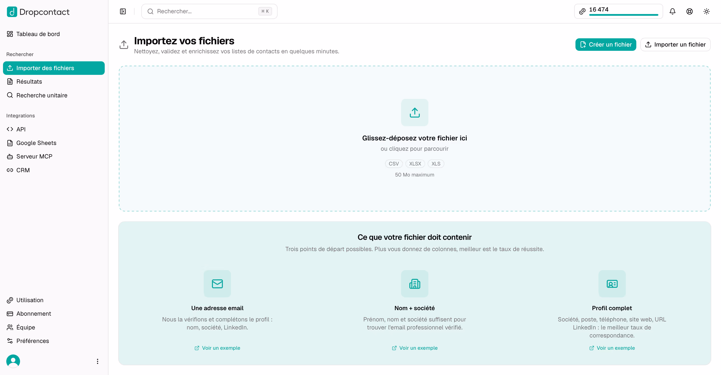 Section Importer des fichiers pour déposer votre fichier de contacts