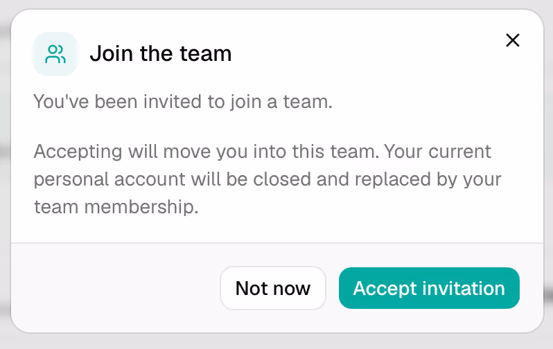 Ventana Join the team en la aplicación de Dropcontact con los botones Not now y Accept invitation