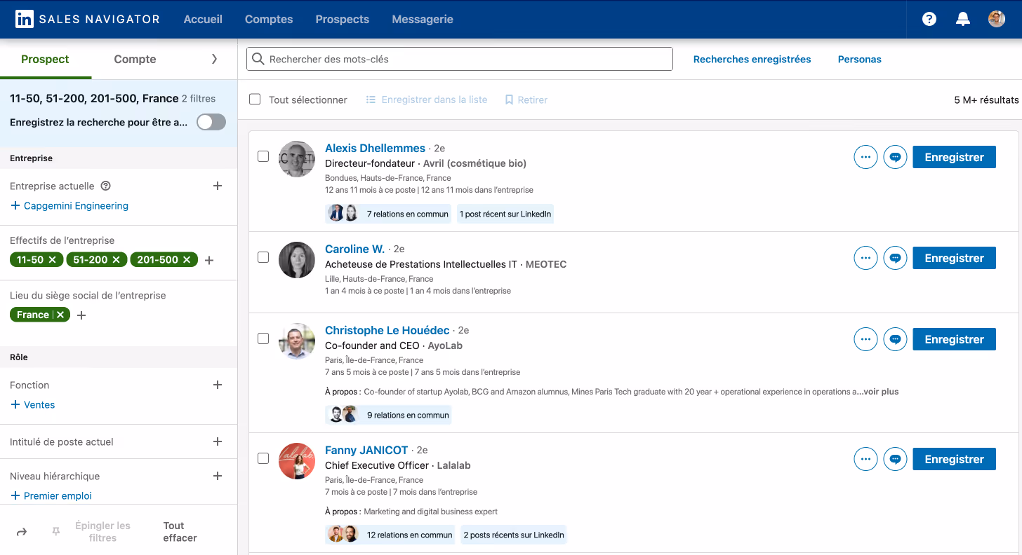 Visualisation d'une page de prospects de Sales Navigator