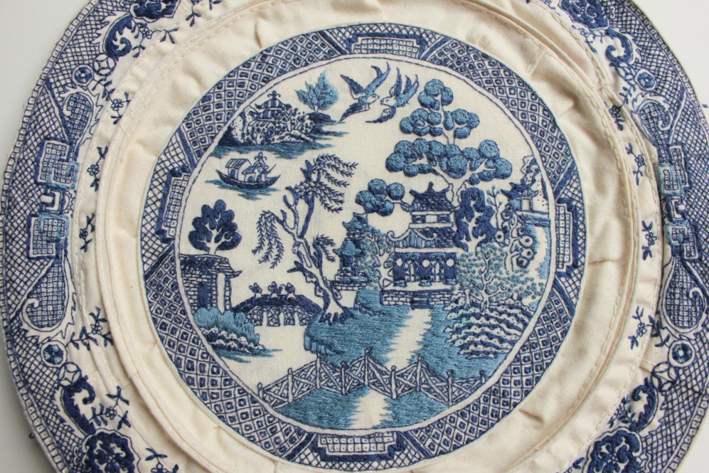"Blue Willow Plate" embroidery by Jessica So Ren Tang