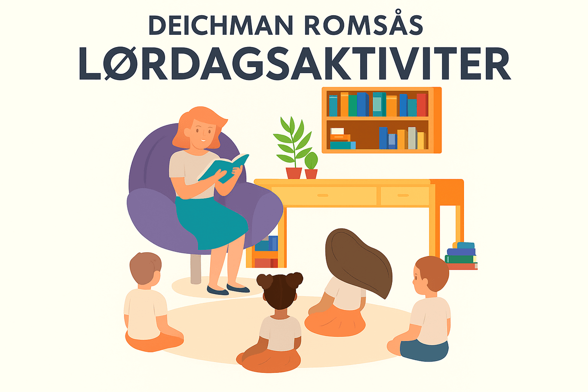 Illustrasjon med en kvinne sitter i en lenestol og leser høyt for en gruppe barn som sitter på gulvet foran henne