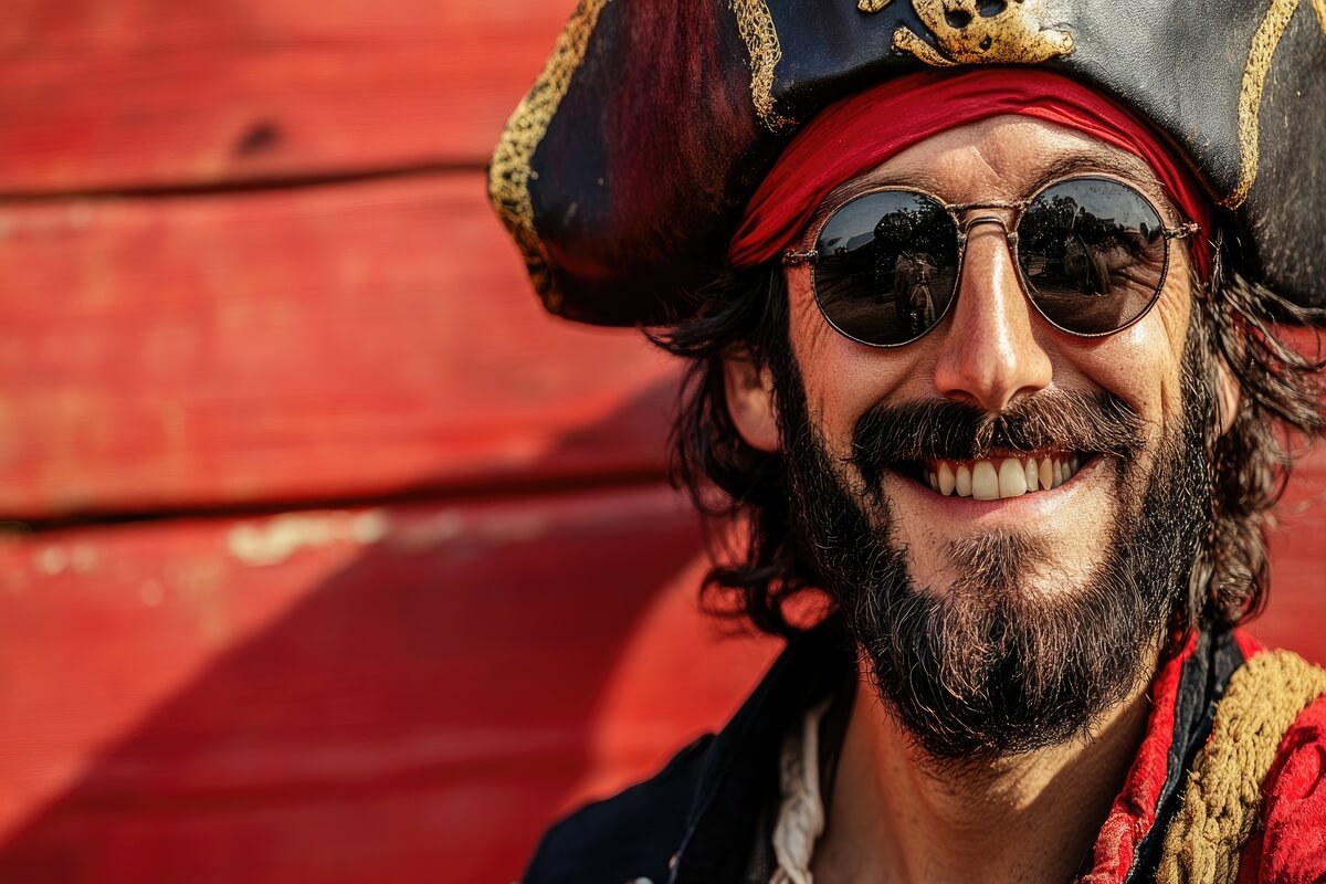 En smilende mann utkledd som pirat med hatt, solbriller og skjegg foran en rød bakgrunn