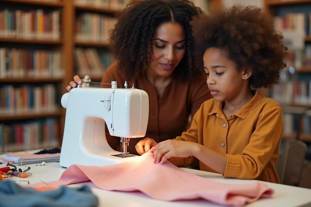 Et barn og en voksen syr sammen på en symaskin under et redesign-verksted i et bibliotek