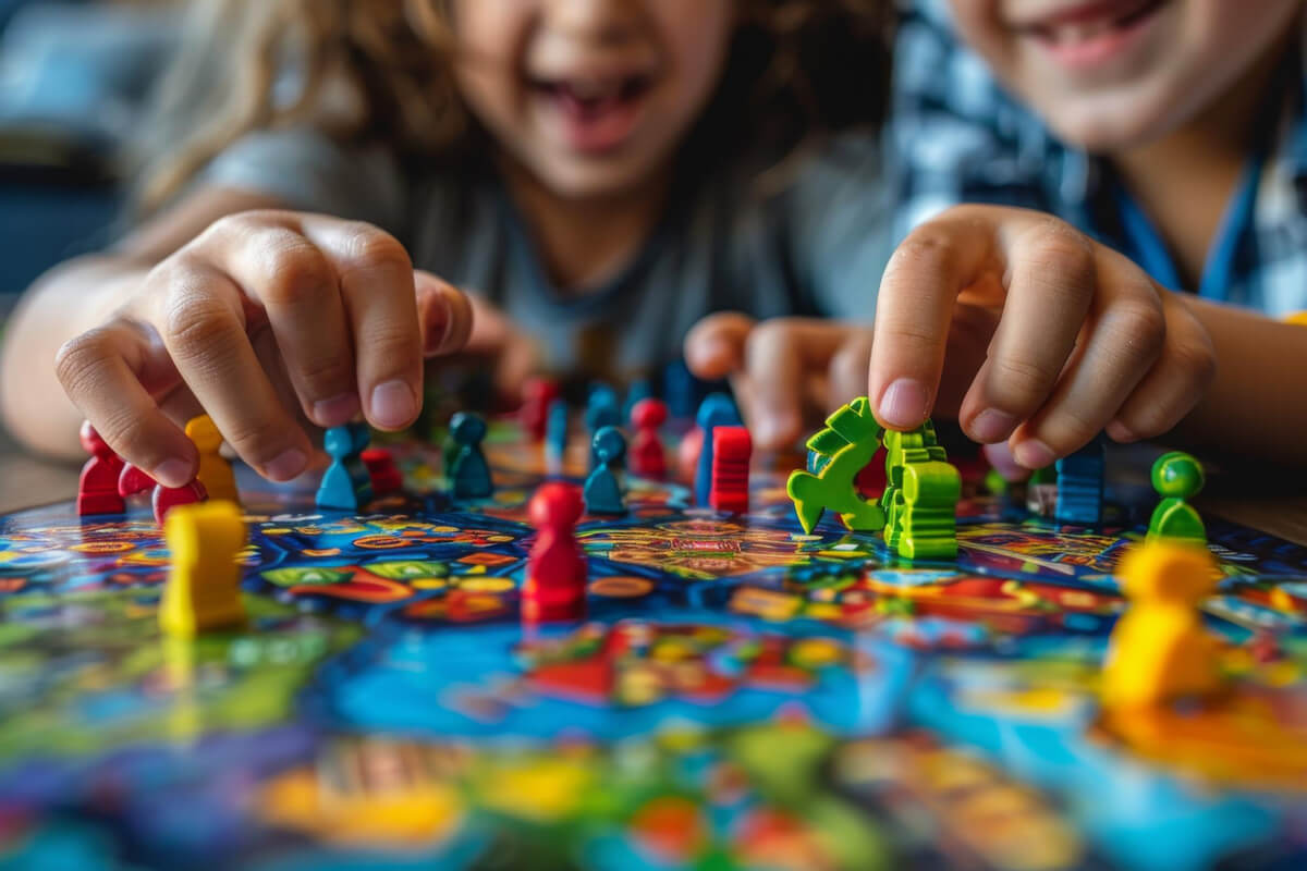 Barn spiller brettspill sammen og flytter fargerike brikker på et spillbrett