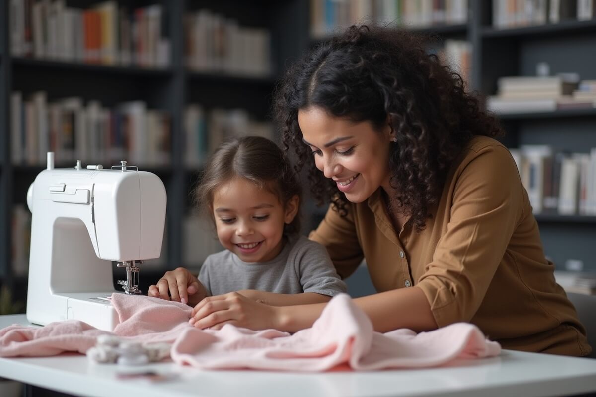 En voksen og et barn syr sammen på en symaskin under et kreativt verksted på biblioteket