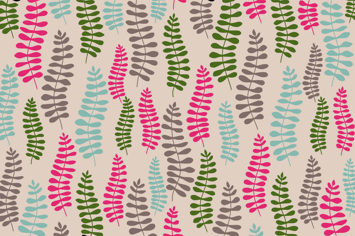 Fargerikt mønster av blader i grønt, rosa, blått og grått på lys bakgrunn