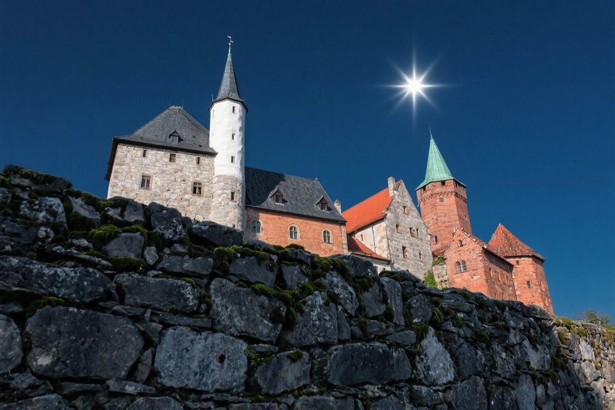 Bilde av en festning med en klar stjerne som lyser på himmelen over borgtårnene som illustrasjonsbilde til beskrivelsen av Reisen til Julestjernen på Akershus festning