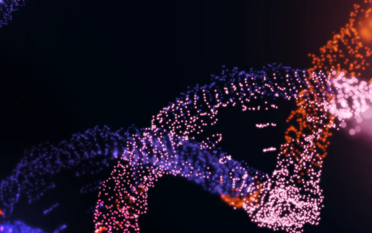Abstract close-up of a DNA double helix composed of glowing purple, pink, and orange particles on a dark background.