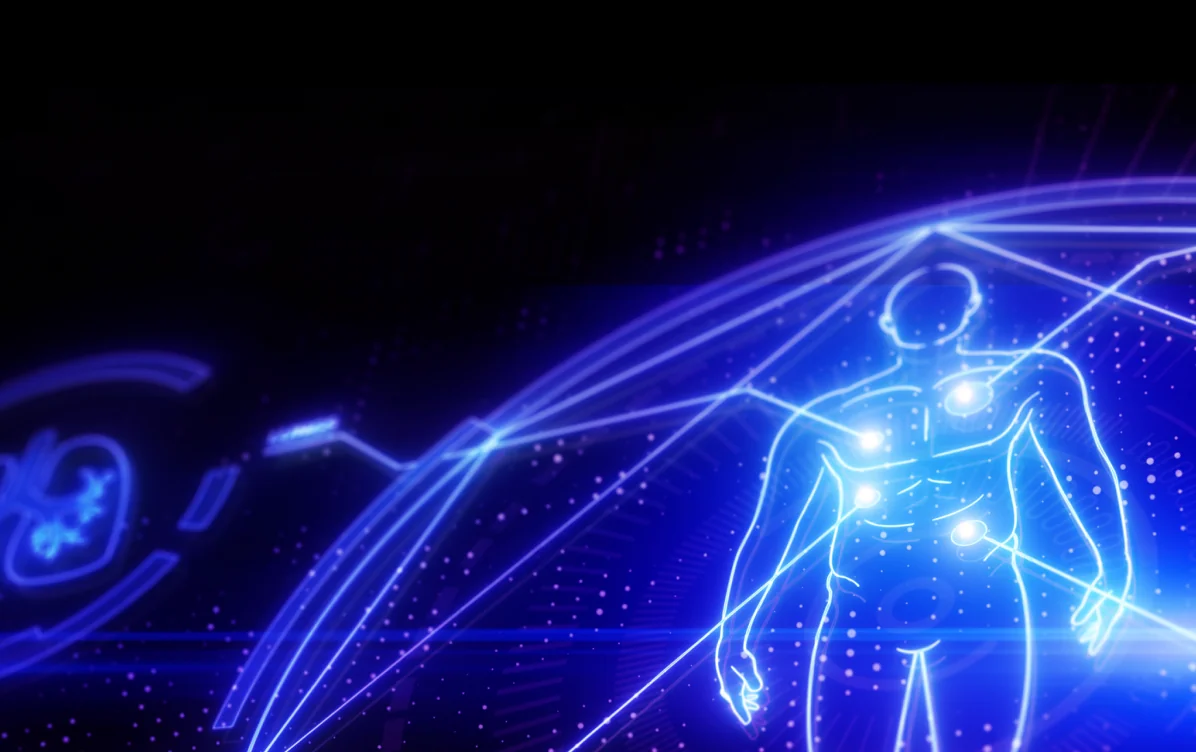 Glowing blue digital outline of a human torso with highlighted organs and connecting circuit lines on a dark background.