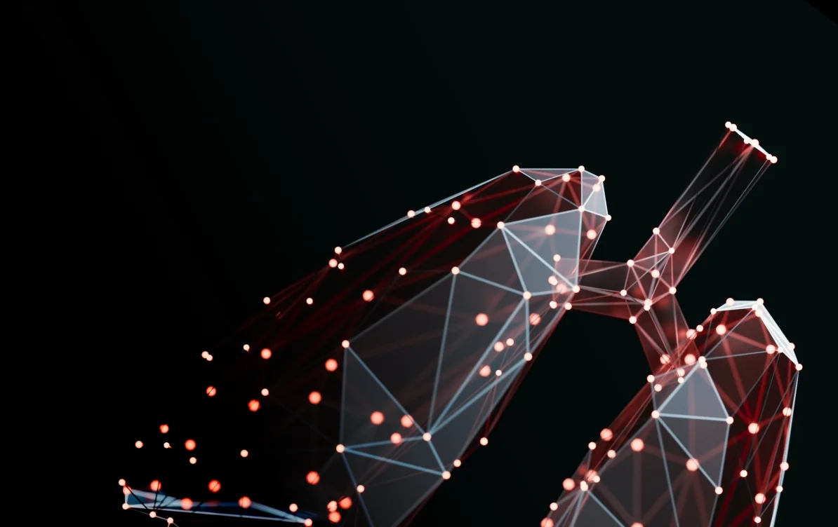3D digital illustration of human lungs composed of connected red and white nodes and lines on a black background.