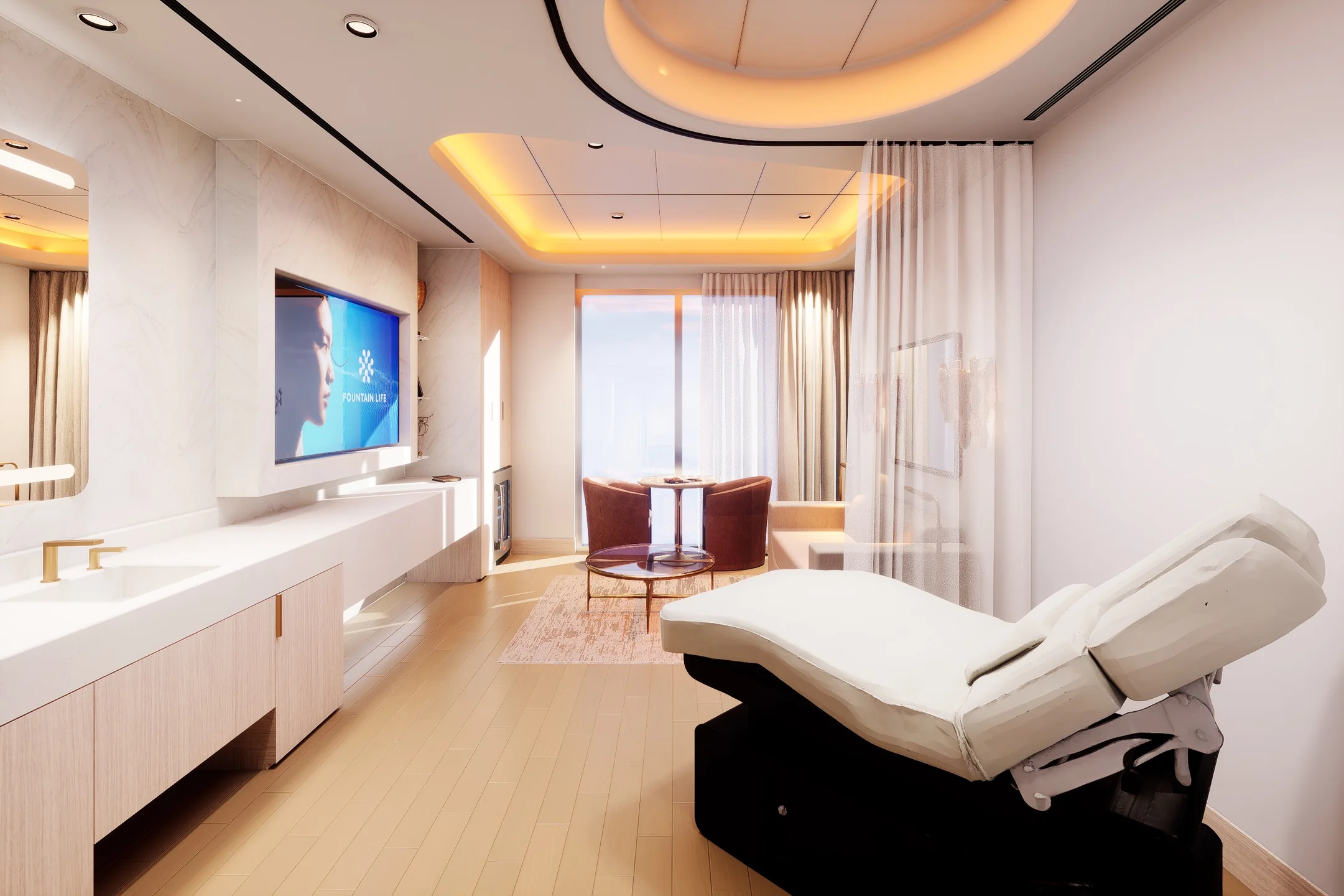 Modern spa treatment room with reclining white chair, large mirror, TV screen, and seating area near window.