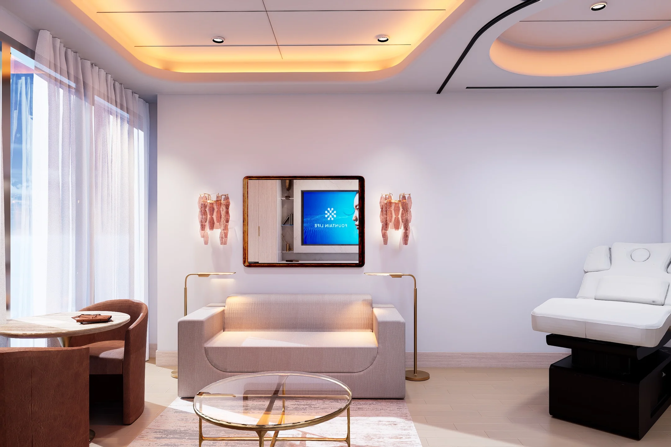 Modern living room with a beige sofa, two floor lamps, a glass coffee table, round dining table with chairs, and a white reclining chair.