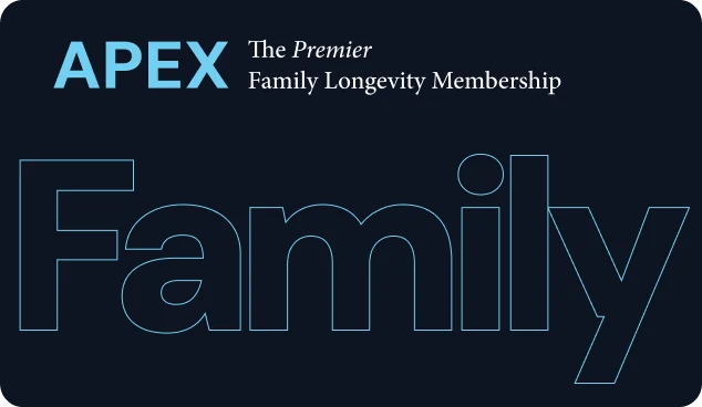 Text reading 'APEX The Premier Family Longevity Membership' with the word Family in large outlined letters on a dark background.