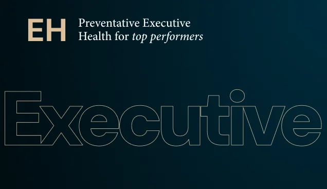Text reading 'EH Preventative Executive Health for top performers' with large outlined word 'Executive' on dark gradient background.