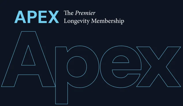 Text reading 'APEX The Premier Longevity Membership' with a large outlined word 'Apex' in the background on a dark blue backdrop.