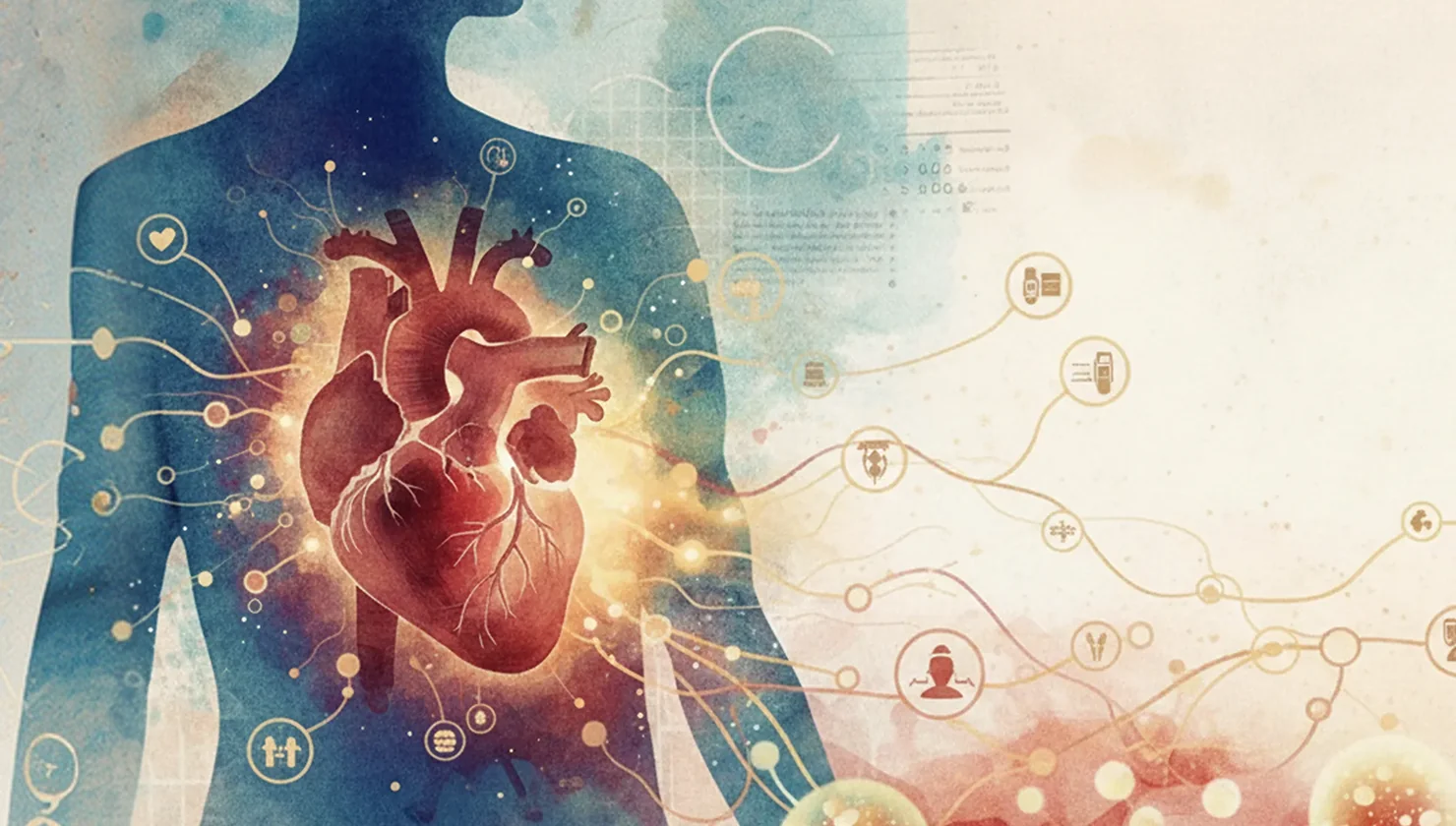 Illustration of a human torso with a detailed heart surrounded by icons and network lines symbolizing health and medical data connections.