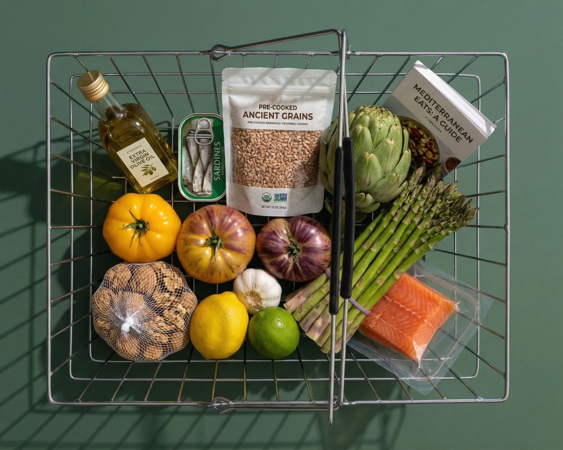 Metal basket containing extra virgin olive oil, sardines, pre-cooked ancient grains, striped heirloom tomatoes, garlic, lemon, lime, asparagus, artichokes, salmon, a bag of mushrooms, and a Mediterranean Eats guide book.