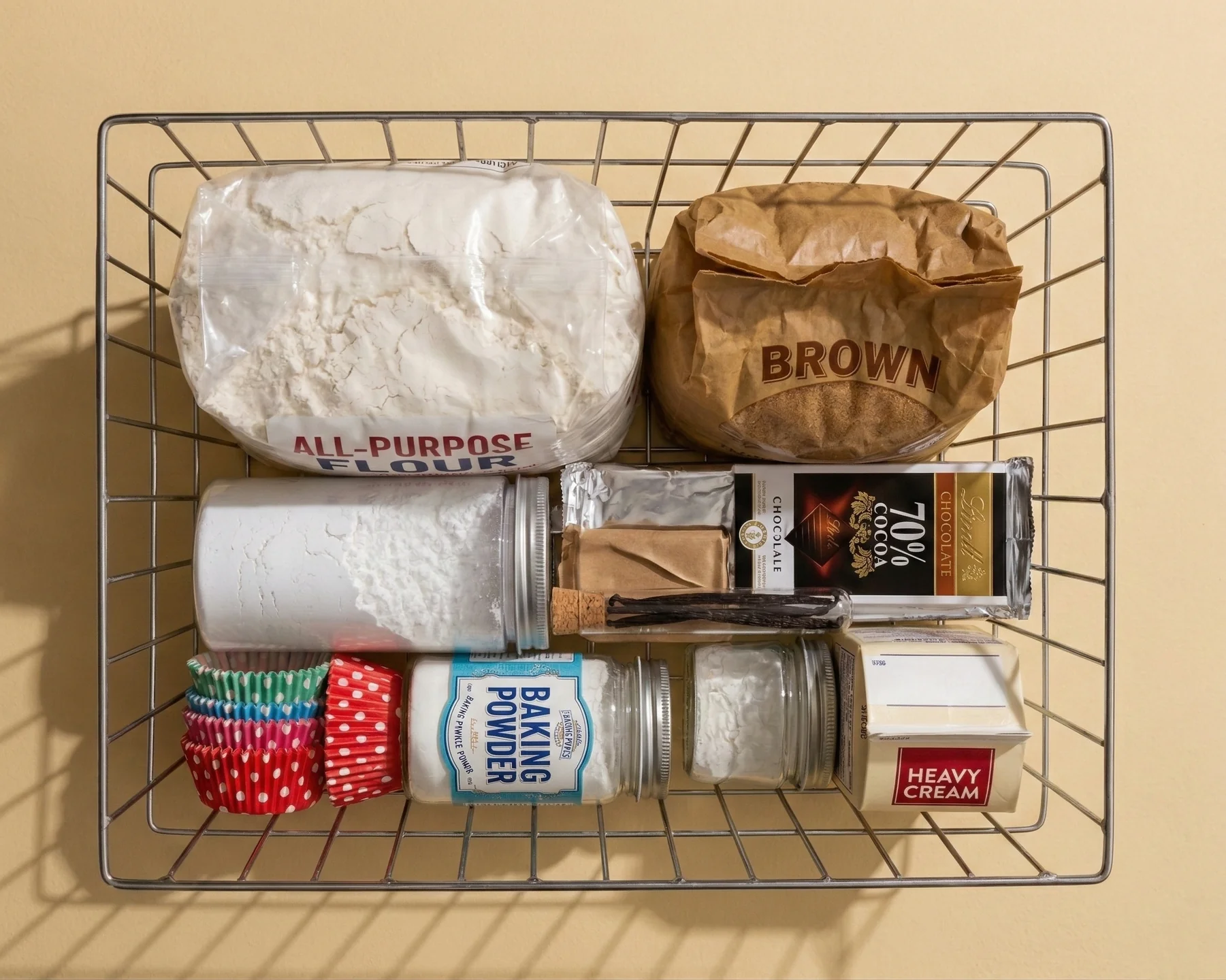Wire basket containing baking ingredients including all-purpose flour, brown sugar, powdered sugar, 70% cocoa chocolate, baking powder, vanilla beans, and heavy cream, with colorful cupcake liners.