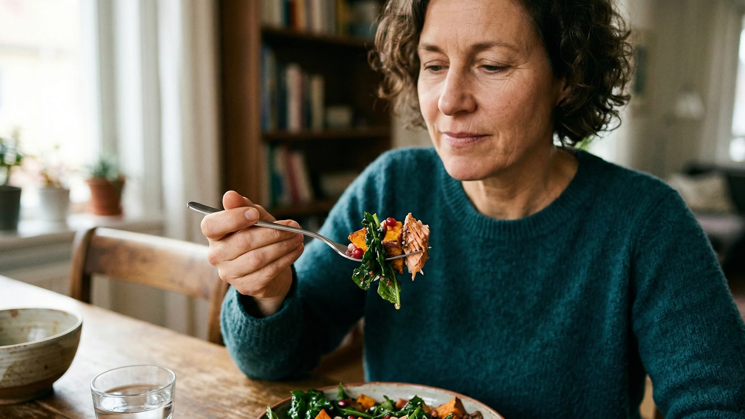 Woman in teal sweater eating a forkful of salad with greens, salmon, and vegetables at a wooden table.