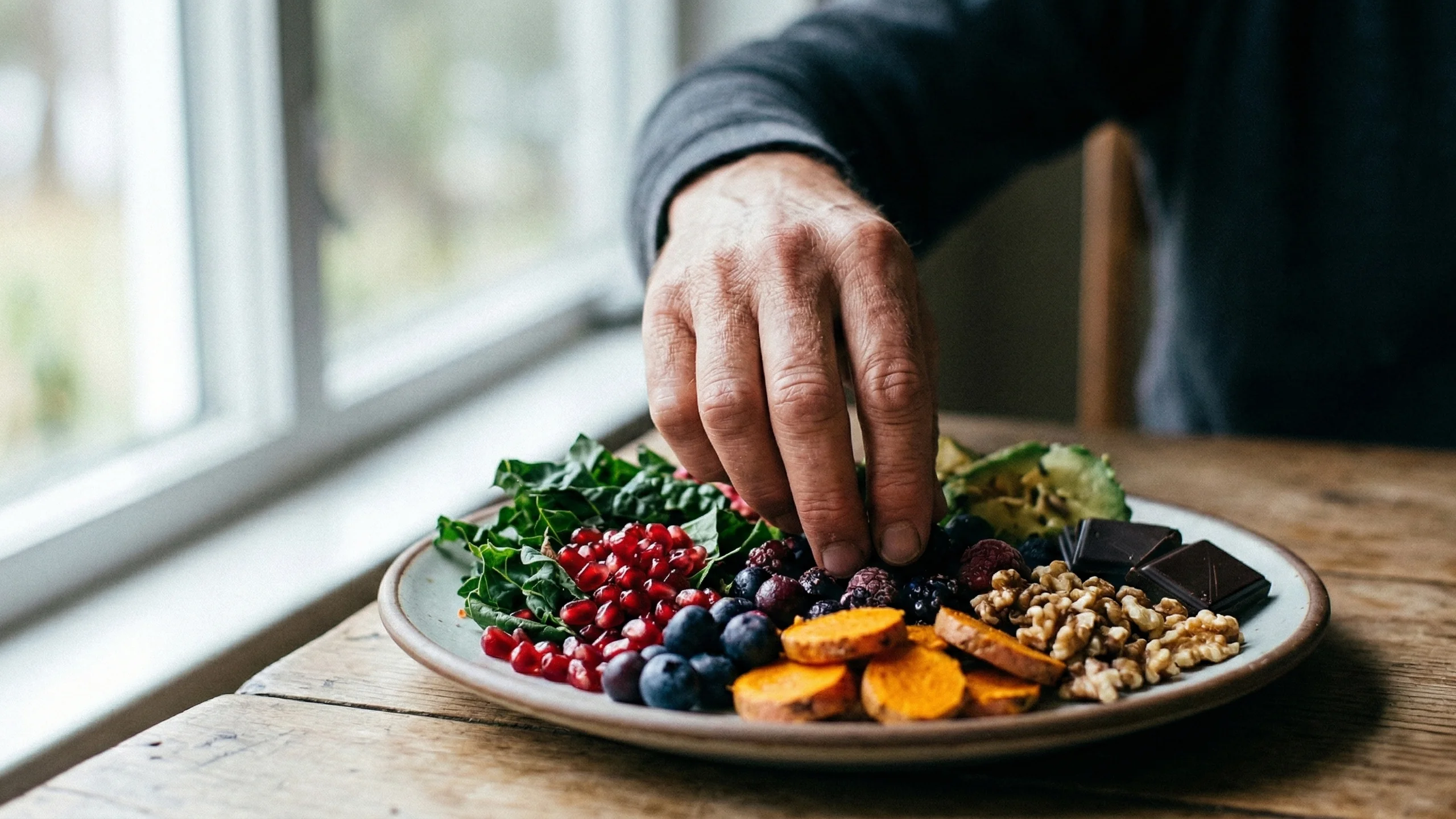 Hand picking berries from a plate with assorted healthy foods including kale, pomegranate seeds, blueberries, sweet potato slices, walnuts, avocado, and dark chocolate.