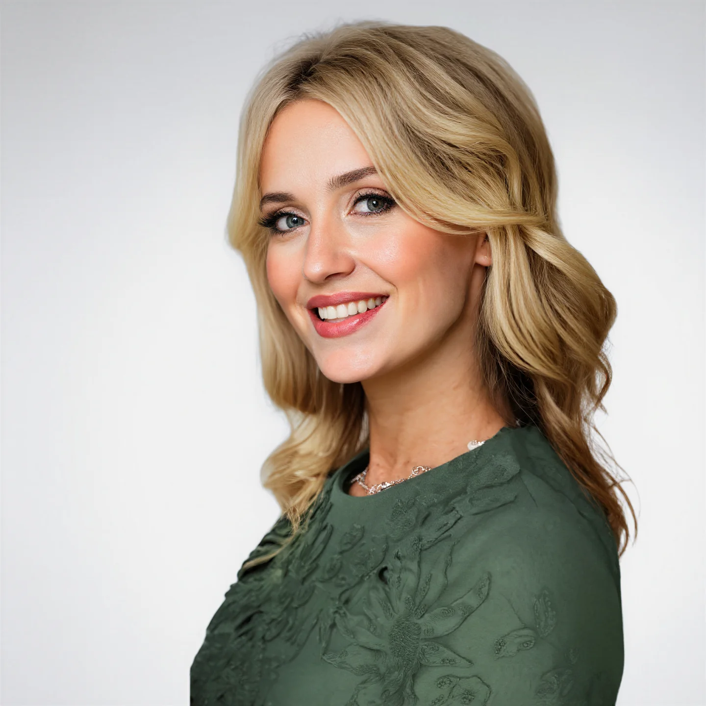 Smiling blonde woman with styled hair wearing a green floral-patterned top against a plain light background.