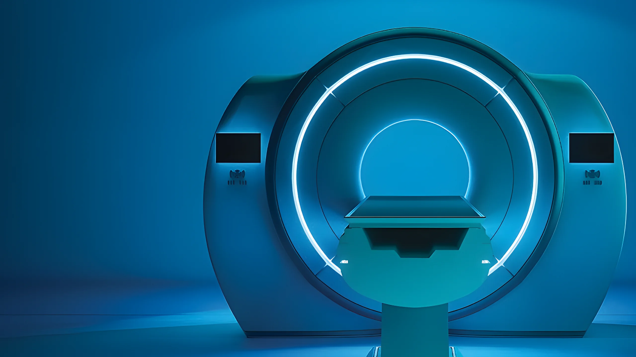 Front view of a modern MRI machine with glowing circular lights in a blue-lit room.