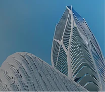 View looking up at modern skyscrapers with curved and angular architectural designs against a clear blue sky.