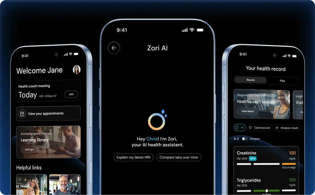 Three smartphones displaying a health app with AI assistant Zori, showing a welcome screen, AI interaction options, and health record details including creatinine and triglyceride levels.